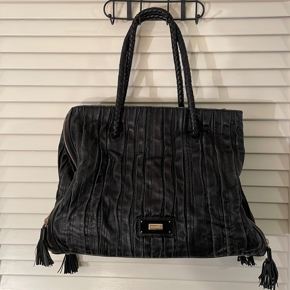 Emporio Armani Black Distress Large Gather Leather Shoulder Bag